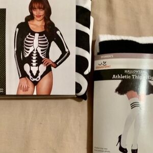 Celebrate It -2pc Skeleton Bodysuit & Thigh-High Socks (Black & White)-L/0S